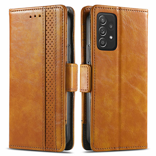 Leather Case Stands Flip Cover Holder S02D for Samsung Galaxy A72 4G Light Brown