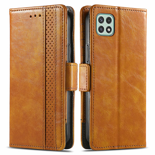 Leather Case Stands Flip Cover Holder S02D for Samsung Galaxy F42 5G Light Brown