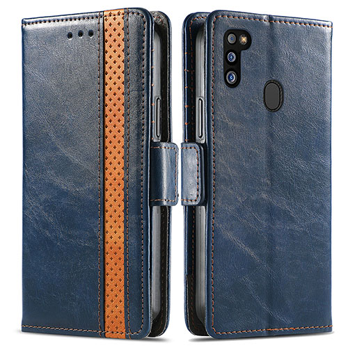 Leather Case Stands Flip Cover Holder S02D for Samsung Galaxy M21 Blue