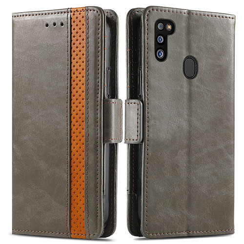 Leather Case Stands Flip Cover Holder S02D for Samsung Galaxy M21 Gray