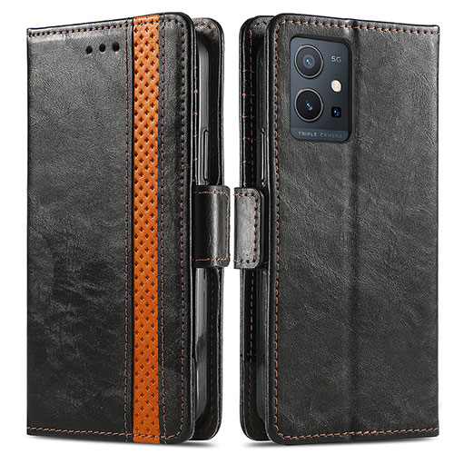 Leather Case Stands Flip Cover Holder S02D for Vivo T1 5G India Black