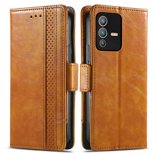 Leather Case Stands Flip Cover Holder S02D for Vivo V23 5G Light Brown