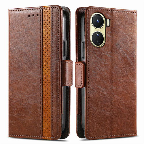 Leather Case Stands Flip Cover Holder S02D for Vivo Y16 Brown