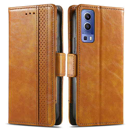 Leather Case Stands Flip Cover Holder S02D for Vivo Y52 5G Light Brown