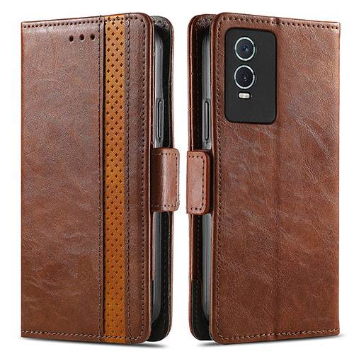 Leather Case Stands Flip Cover Holder S02D for Vivo Y76s 5G Brown