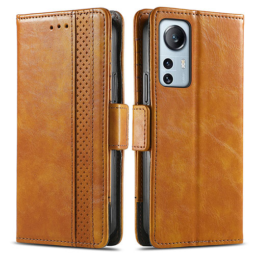 Leather Case Stands Flip Cover Holder S02D for Xiaomi Mi 12 5G Light Brown