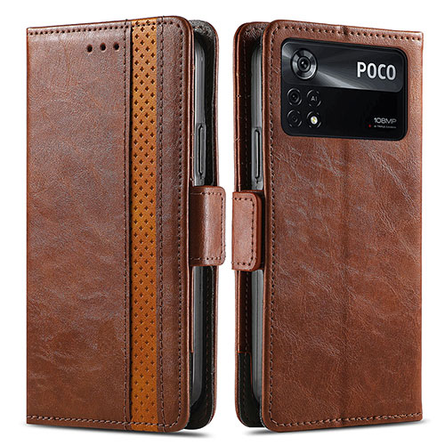 Leather Case Stands Flip Cover Holder S02D for Xiaomi Poco X4 Pro 5G Brown