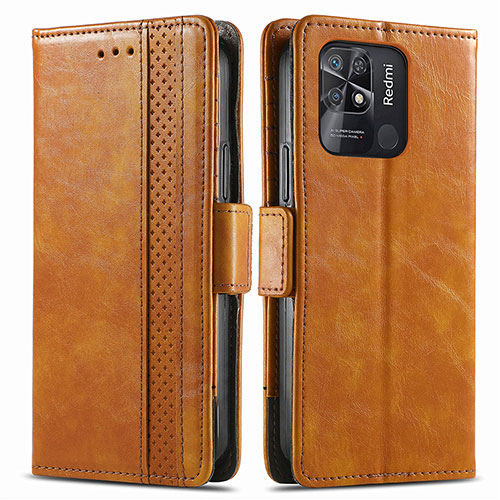 Leather Case Stands Flip Cover Holder S02D for Xiaomi Redmi 10 India Light Brown