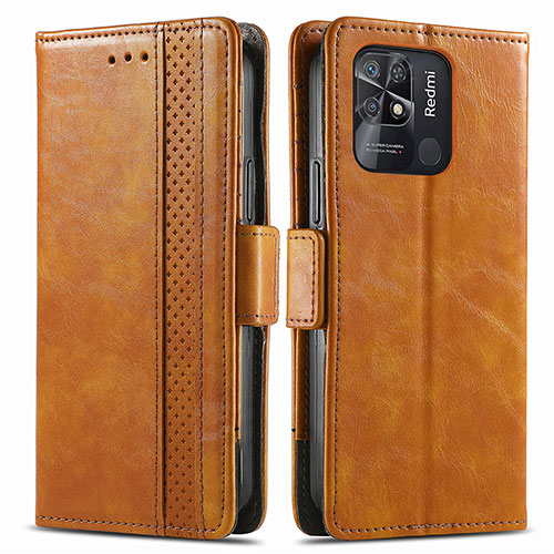 Leather Case Stands Flip Cover Holder S02D for Xiaomi Redmi 10 Power Light Brown
