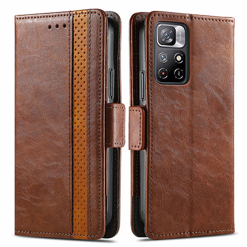 Leather Case Stands Flip Cover Holder S02D for Xiaomi Redmi Note 11 5G Brown