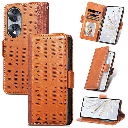 Leather Case Stands Flip Cover Holder S03D for Huawei Honor 70 5G Brown