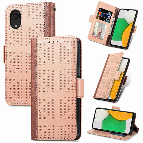 Leather Case Stands Flip Cover Holder S03D for Samsung Galaxy A03 Core Light Brown