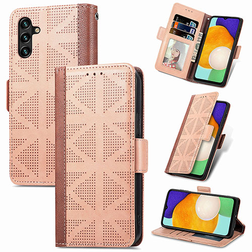 Leather Case Stands Flip Cover Holder S03D for Samsung Galaxy A04s Light Brown