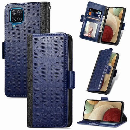 Leather Case Stands Flip Cover Holder S03D for Samsung Galaxy A12 Blue