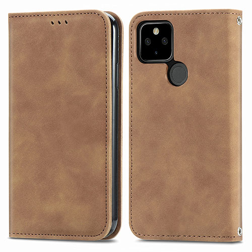 Leather Case Stands Flip Cover Holder S04D for Google Pixel 5a 5G Brown