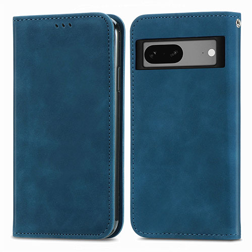 Leather Case Stands Flip Cover Holder S04D for Google Pixel 7 5G Blue