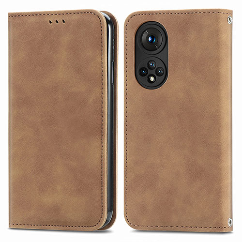 Leather Case Stands Flip Cover Holder S04D for Huawei Honor 50 Pro 5G Brown