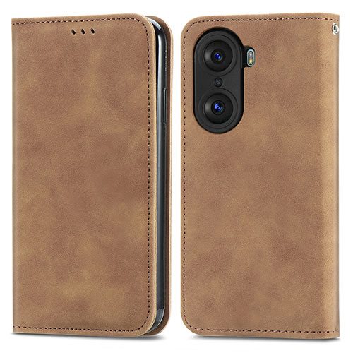 Leather Case Stands Flip Cover Holder S04D for Huawei Honor 60 Pro 5G Brown