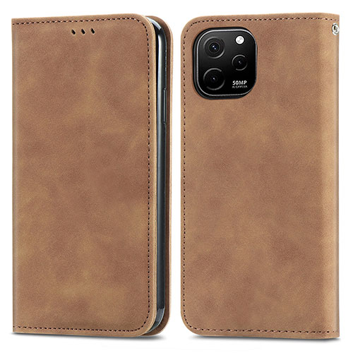 Leather Case Stands Flip Cover Holder S04D for Huawei Nova Y61 Brown