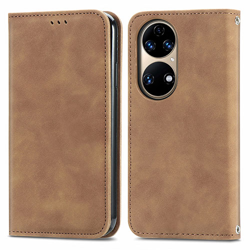 Leather Case Stands Flip Cover Holder S04D for Huawei P50 Brown