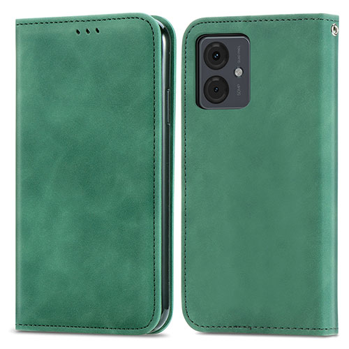 Leather Case Stands Flip Cover Holder S04D for Motorola Moto G14 Green