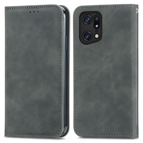 Leather Case Stands Flip Cover Holder S04D for Oppo Find X5 5G Gray