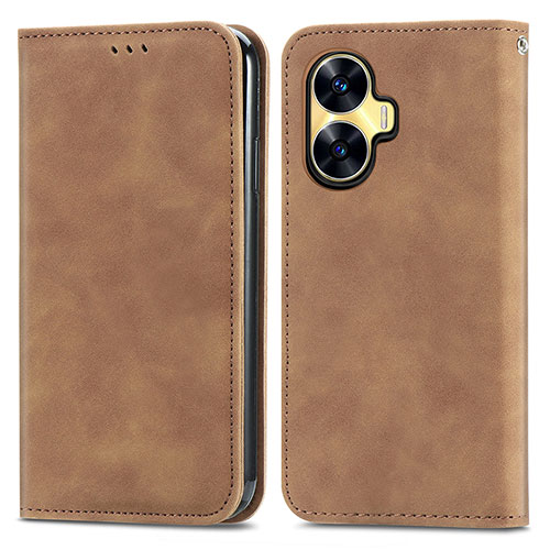 Leather Case Stands Flip Cover Holder S04D for Realme Narzo N55 Brown