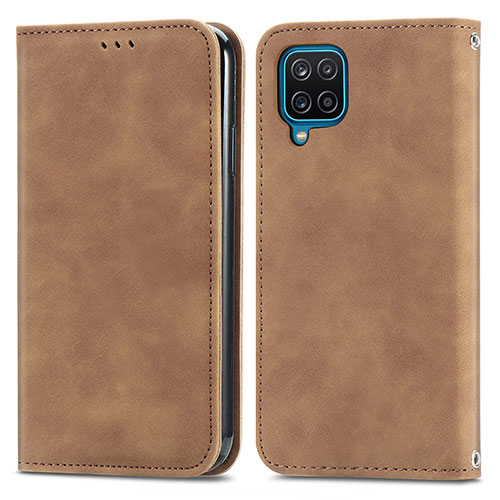 Leather Case Stands Flip Cover Holder S04D for Samsung Galaxy A12 Nacho Brown