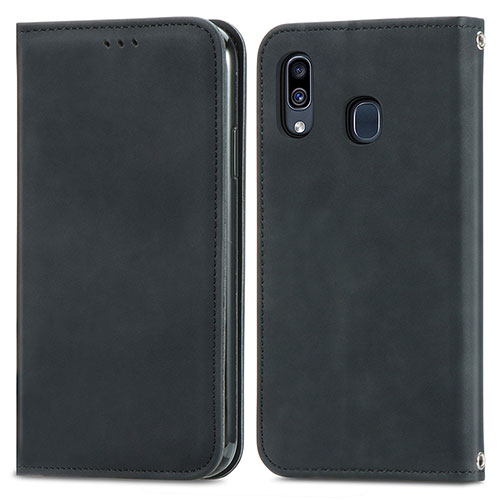 Leather Case Stands Flip Cover Holder S04D for Samsung Galaxy A20 Black