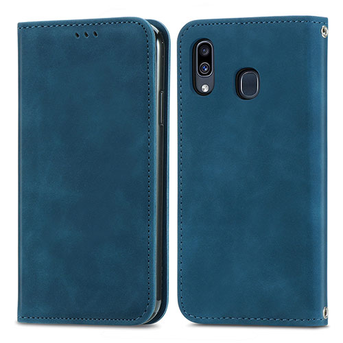 Leather Case Stands Flip Cover Holder S04D for Samsung Galaxy A20 Blue
