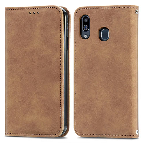 Leather Case Stands Flip Cover Holder S04D for Samsung Galaxy A20 Brown