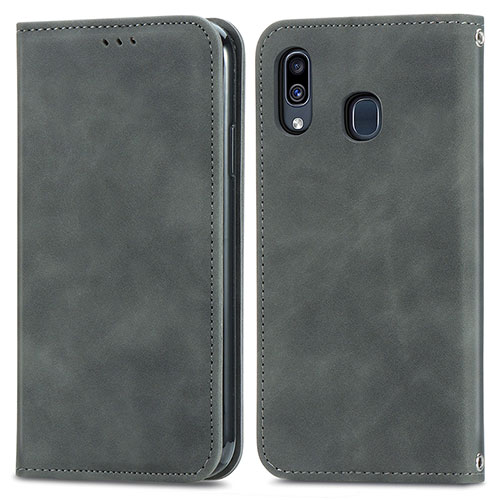 Leather Case Stands Flip Cover Holder S04D for Samsung Galaxy A20 Gray