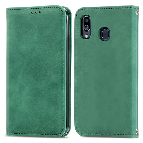 Leather Case Stands Flip Cover Holder S04D for Samsung Galaxy A20 Green