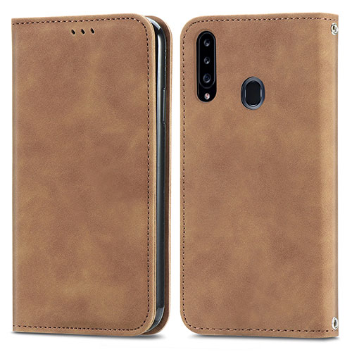 Leather Case Stands Flip Cover Holder S04D for Samsung Galaxy A20s Brown