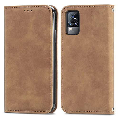 Leather Case Stands Flip Cover Holder S04D for Vivo V21e 4G Brown