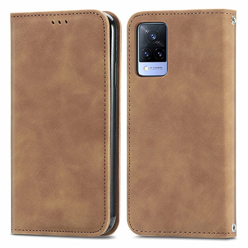 Leather Case Stands Flip Cover Holder S04D for Vivo V21s 5G Brown