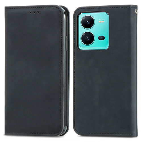 Leather Case Stands Flip Cover Holder S04D for Vivo V25e Black