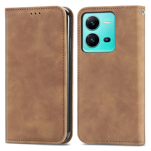 Leather Case Stands Flip Cover Holder S04D for Vivo V25e Brown