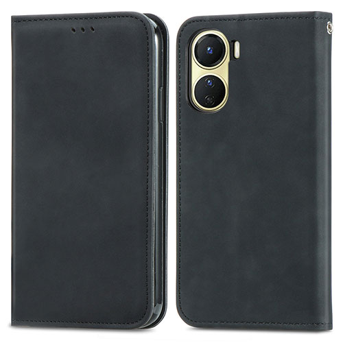 Leather Case Stands Flip Cover Holder S04D for Vivo Y02S Black