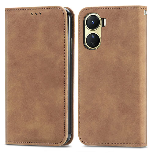 Leather Case Stands Flip Cover Holder S04D for Vivo Y02S Brown