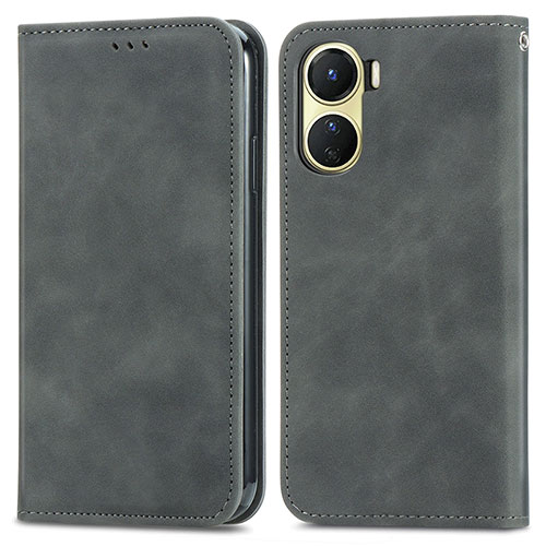 Leather Case Stands Flip Cover Holder S04D for Vivo Y02S Gray