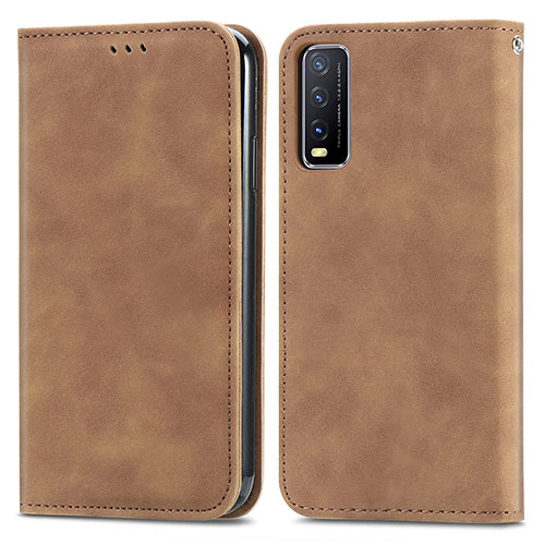 Leather Case Stands Flip Cover Holder S04D for Vivo Y12s (2021) Brown