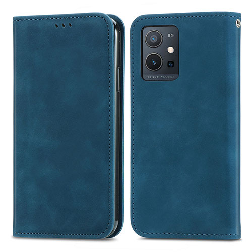 Leather Case Stands Flip Cover Holder S04D for Vivo Y55s 5G Blue