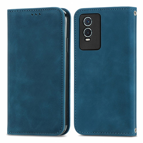 Leather Case Stands Flip Cover Holder S04D for Vivo Y76s 5G Blue