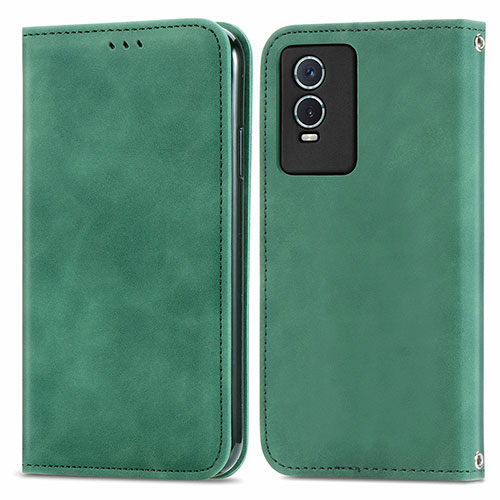 Leather Case Stands Flip Cover Holder S04D for Vivo Y76s 5G Green