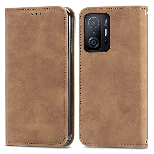 Leather Case Stands Flip Cover Holder S04D for Xiaomi Mi 11T Pro 5G Brown