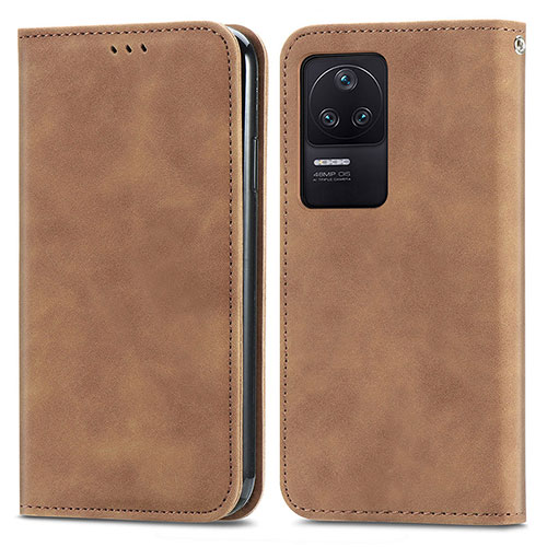 Leather Case Stands Flip Cover Holder S04D for Xiaomi Poco F4 5G Brown