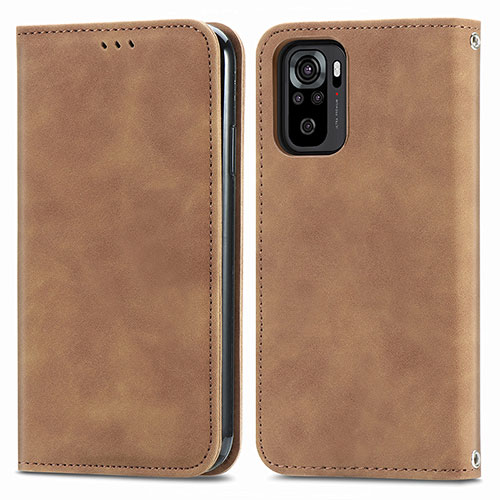 Leather Case Stands Flip Cover Holder S04D for Xiaomi Redmi Note 10 4G Brown