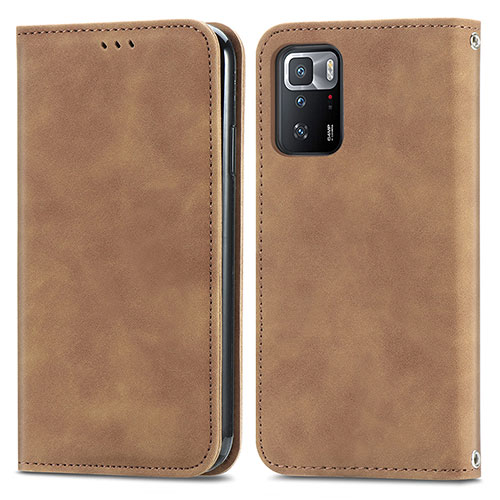 Leather Case Stands Flip Cover Holder S04D for Xiaomi Redmi Note 10 Pro 5G Brown