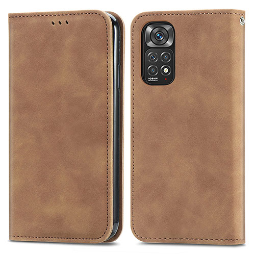 Leather Case Stands Flip Cover Holder S04D for Xiaomi Redmi Note 11S 4G Brown